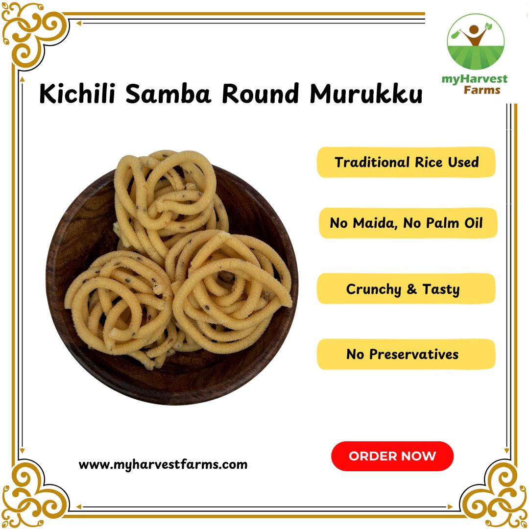 Kichili samba round murukku — the traditional rice chakli made from an heirloom Tamil Nadu variety, no maida, no palm oil, no preservatives, just heritage grain and honest crunch