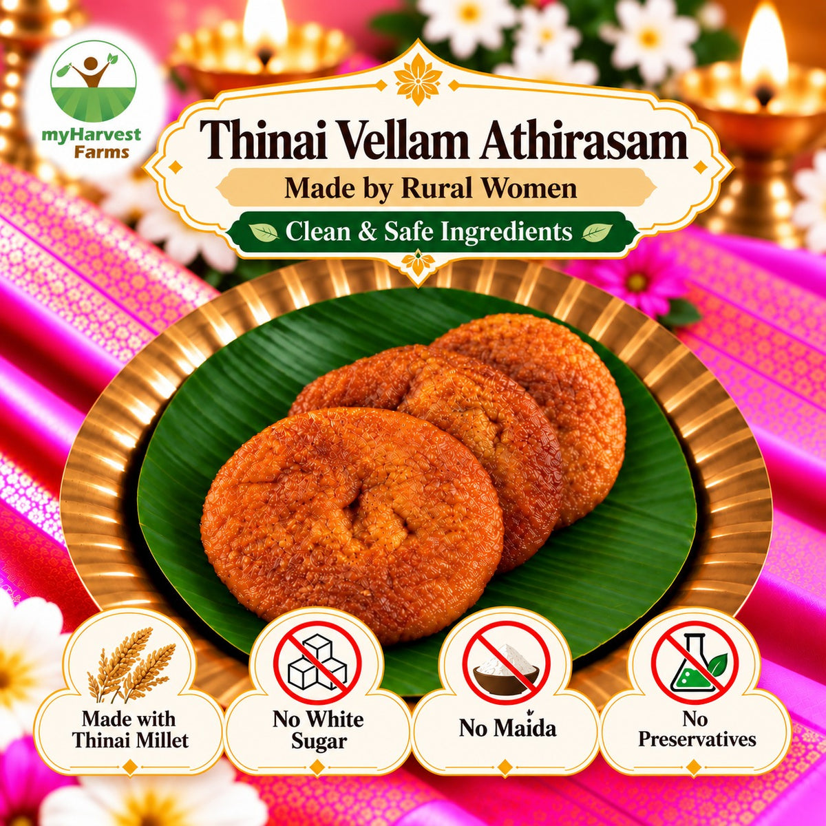 Thinai Vellam Athirasam – millet jaggery sweet, myHarvest Farms Chennai